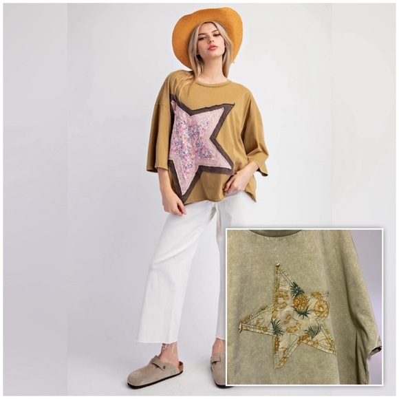 Easel Cotton Jersey Top with Large Front Star Tropical Print Patch Khaki… - Picture 1 of 9